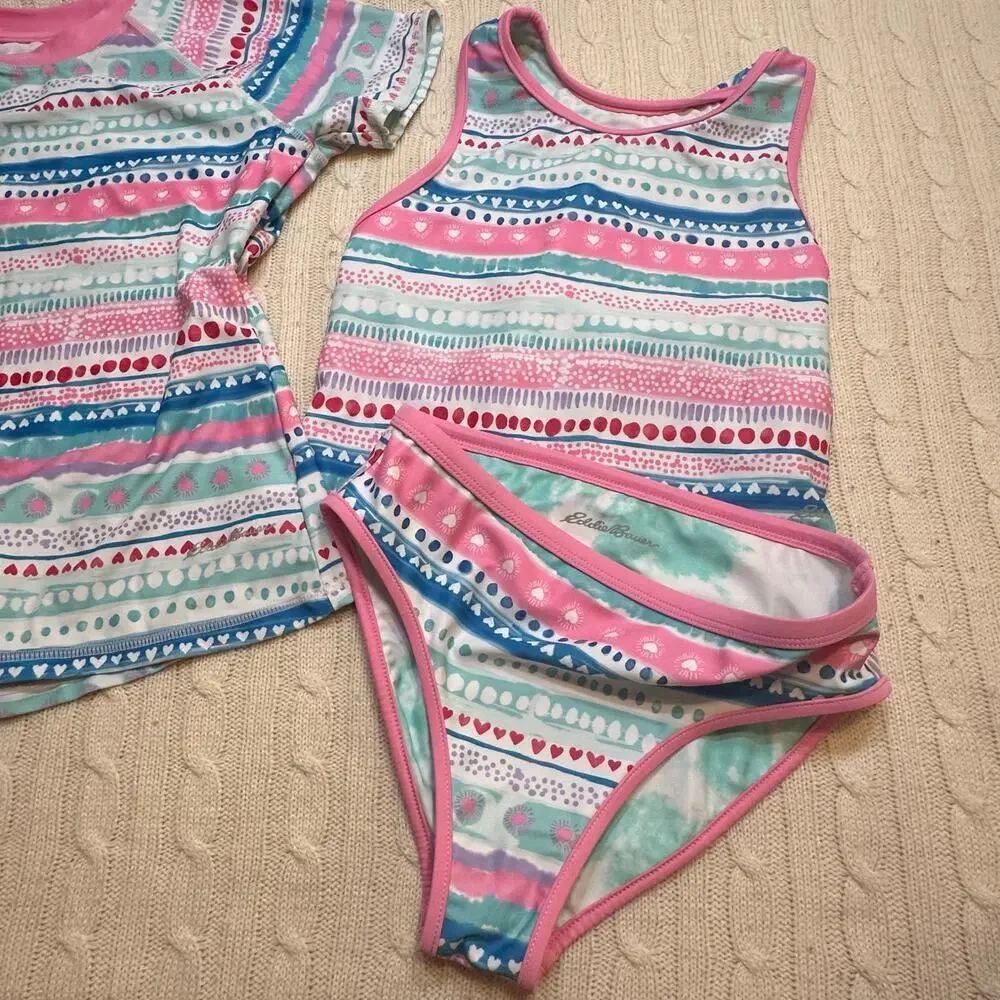 Eddie Bauer Three Piece Swimsuit Tankini with Rash Guard Top sz L (10-12)